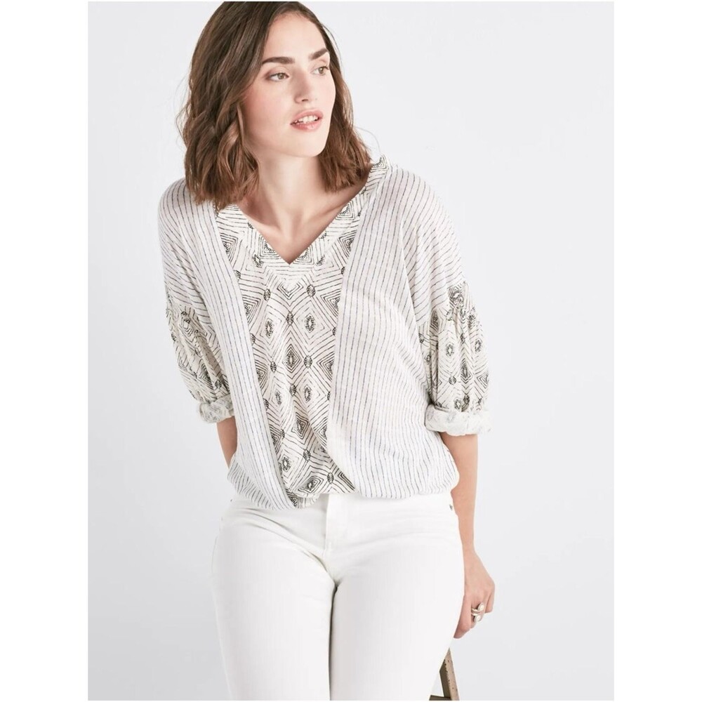 Lucky Brand Texture Banded Bottom Peasant Top Boho Half Sleeve Soft Women’s M